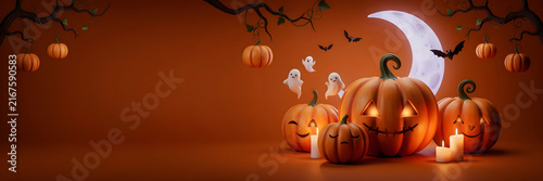Spooky Halloween background with carved glowing jack o lanterns, cute little ghosts, bats, and crescent moon in 3D illustration style