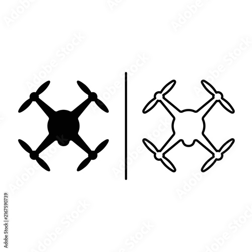 Quadrocopter drone outline and black fill icon set with quadrocopter technology isolated