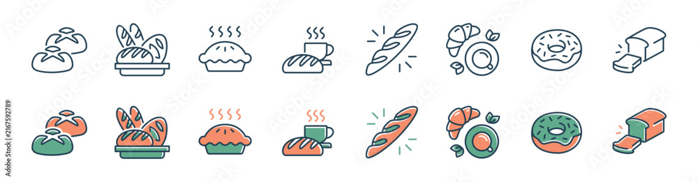 Fototapeta premium Collection of bakery icon line set sweet dessert cake, pastry, bread, pie, croissant signs vector illustration