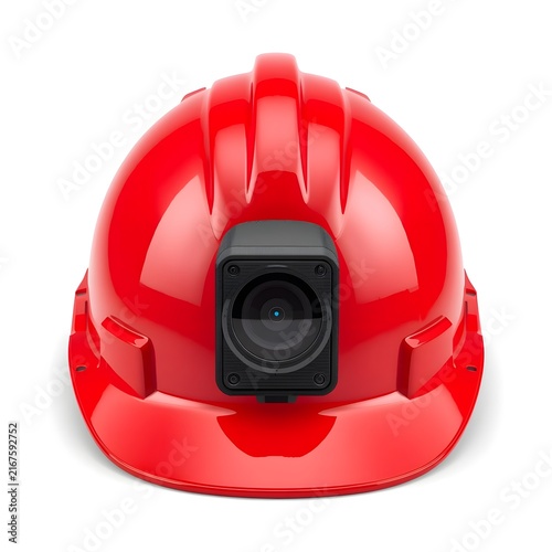 Red Safety Helmet with Action Camera for Construction Workers