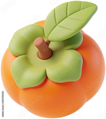 Fresh orange persimmon fruit with green leaf rendered in smooth 3D clay style isolated on plain white background
