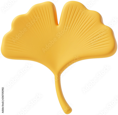 Bright yellow ginkgo leaf rendered in smooth 3D clay style isolated on plain white background