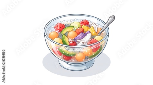 Cartoon illustration of a glass fruit bowl with watermelon, avocado, orange slices, ice, and a metal spoon on a pure white background.