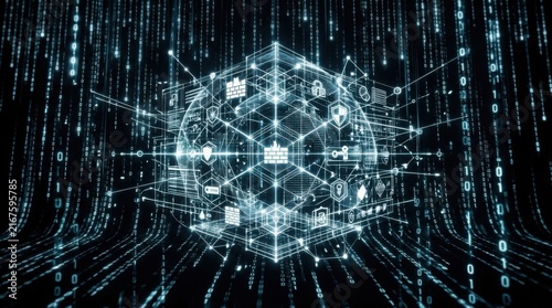 Cybersecurity digital matrix with glowing data cube and cascading binary code background.
