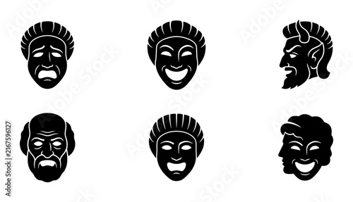 Canvas Print Diverse Set of Six Theatrical Masks, Representing Comedy, Tragedy, and Devilish