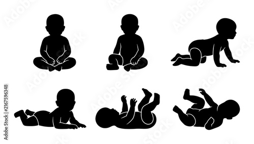 Baby Development Stages Vector Icons Set, Infant Milestones Silhouette Collection, Newborn Growth Poses, Childhood Progression Graphics, Simple Black and White Icons