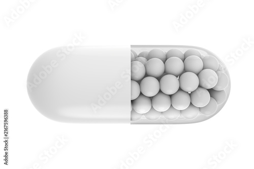 3D render of a white transparent medical capsule filled with small spheres or granules. Set of isolated medical pill illustrations from different camera angles, perfect for pharmaceutical design, heal