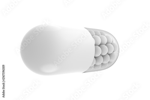 3D render of a white transparent medical capsule filled with small spheres or granules. Set of isolated medical pill illustrations from different camera angles, perfect for pharmaceutical design, heal