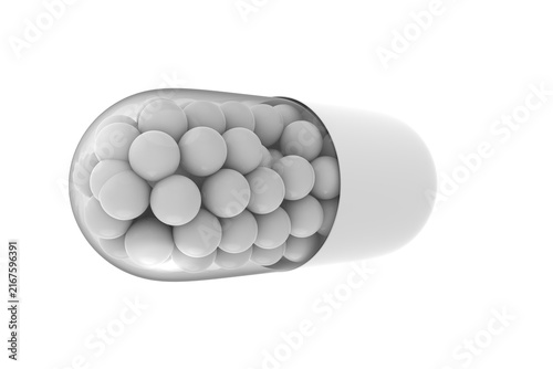 3D render of a white transparent medical capsule filled with small spheres or granules. Set of isolated medical pill illustrations from different camera angles, perfect for pharmaceutical design, heal