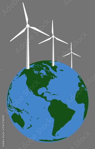 A globe of the world is populated with wind turbines poking out into space in a 3-d illustration about wind energy.