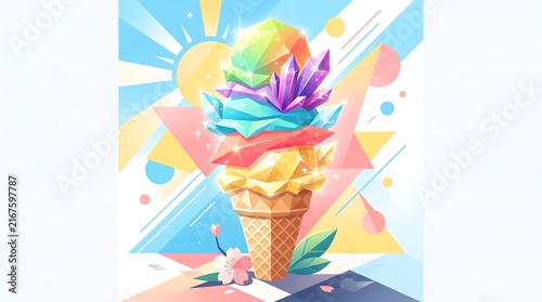 Colorful crystal ice cream cone cartoon. Stacked gems in green, purple, blue, red, yellow on a waffle cone with vibrant geometric shapes and flowers.