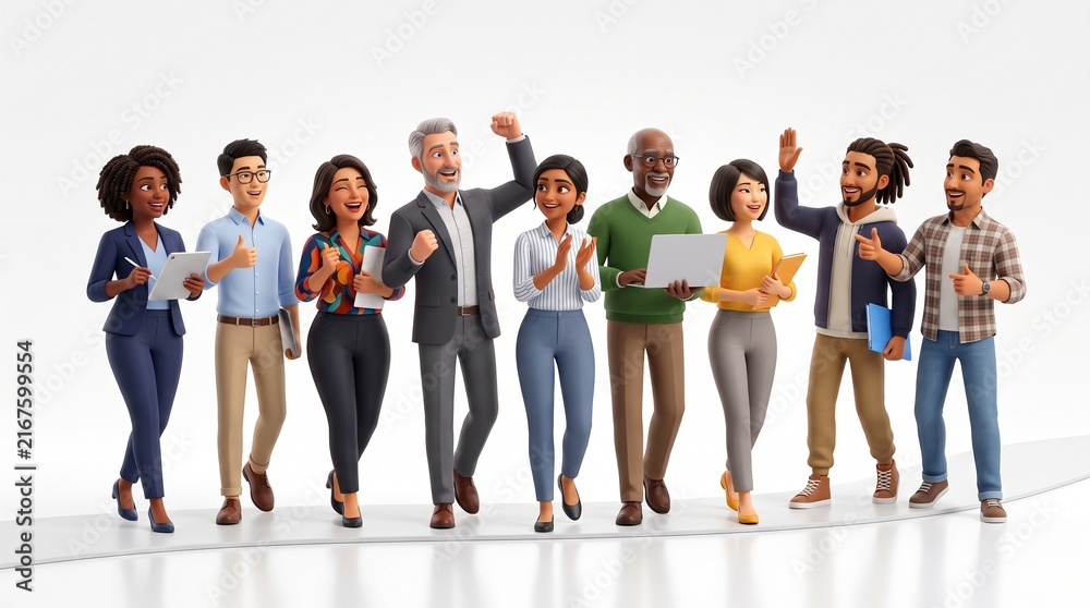 Obraz premium Diverse group of cartoon business professionals celebrating success and collaboration in a modern office setting