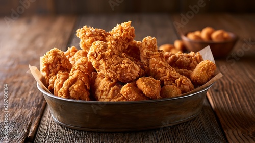 Crispy golden fried chicken tenders in a rustic metal bowl