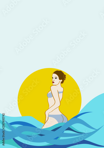 girl on the beach in the summer, minimalist illustration