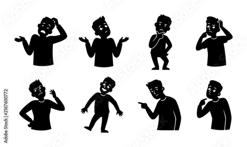 Silhouette Figures Expressing Confusion, Doubt, and Thoughtfulness. Set of 8 Diverse Poses for Conceptual Design.