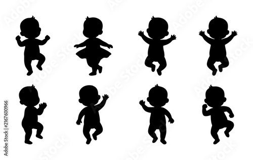 Diverse Baby Silhouettes Collection, Playful Toddler Poses Vector Set, Childhood Joy Icons, Newborn Activity Graphics, Simple Black Shapes for Design