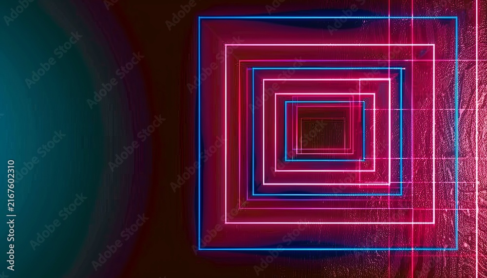 Fototapeta premium Vibrant geometric patterns with neon lights creating depth and perspective effects in an abstract background design