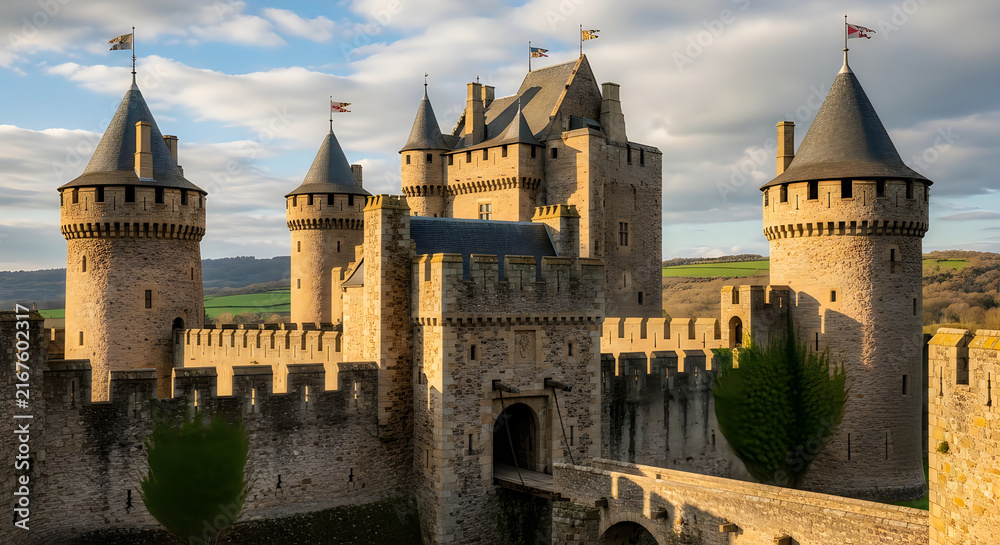 Obraz premium Large stone medieval castle with high towers and a bridge in the beautiful green countryside landscape
