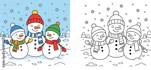 Cute snowman family in winter scene cartoon illustration and coloring page for kids with line art activity sheet