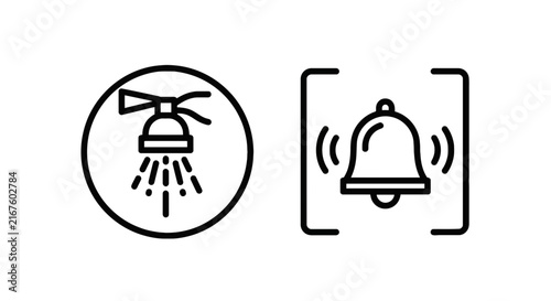 Fire sprinkler system safety water spray and notification alarm bell icons with sprinkler notification protection emergency prevention detector
