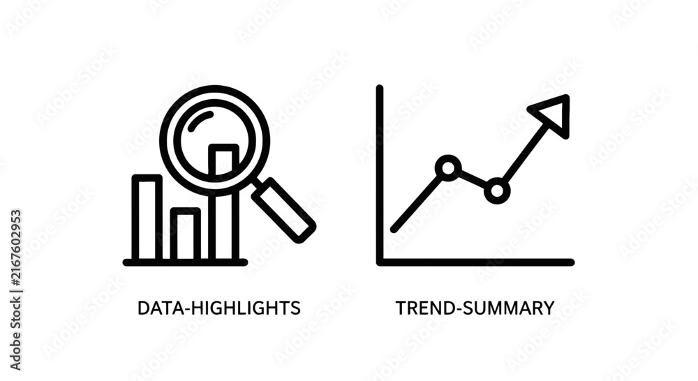 Fototapeta premium Data highlights and trend summary line icons set representing analytics and business growth with highlights magnifier analysis business statistics