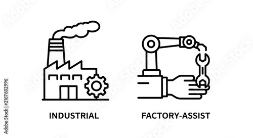 Industrial factory and robotic arm automation assist line icons set with industrial automation manufacturing machinery industry production