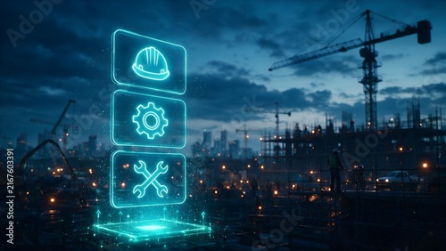 Glowing digital interface displays construction engineering icons featuring safety helmet gear and wrench symbols floating above a busy industrial work site during the dark twilight hours