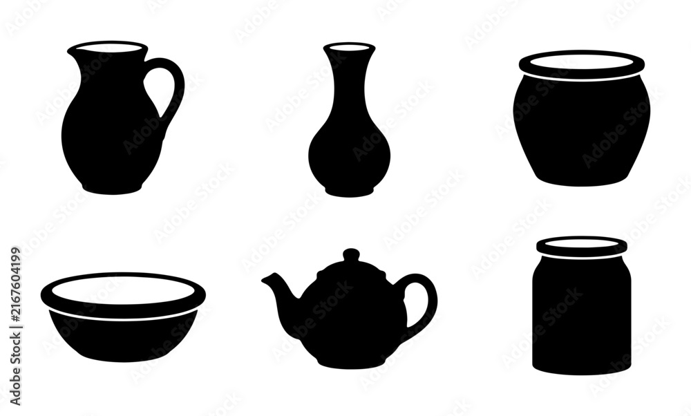 Obraz premium Vector Icons: Ceramic Pottery Collection, Kitchenware Vessels, Storage Jars, Teapot, Vase, Pitcher, Bowl, Black Silhouette Graphics for Design