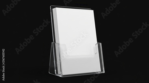 Clear brochure holding in an acrylic pocket plexiglass tray mockup 3D rendering.