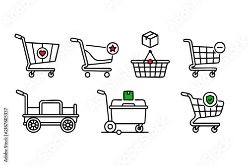 Shopping Cart and E-Commerce Outline Icon Set with Heart, Star, Package, Minus and Security Symbols