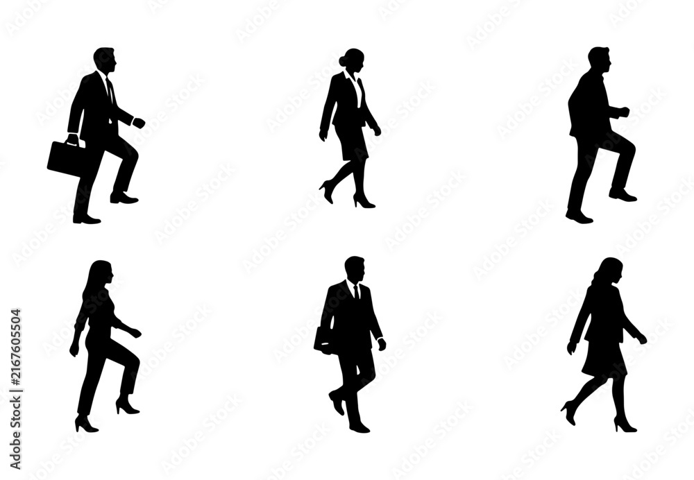 Obraz premium Business People Silhouettes, Professional Figures Climbing Stairs, Corporate Career Ascent Vector Icons, Diverse Professionals in Motion