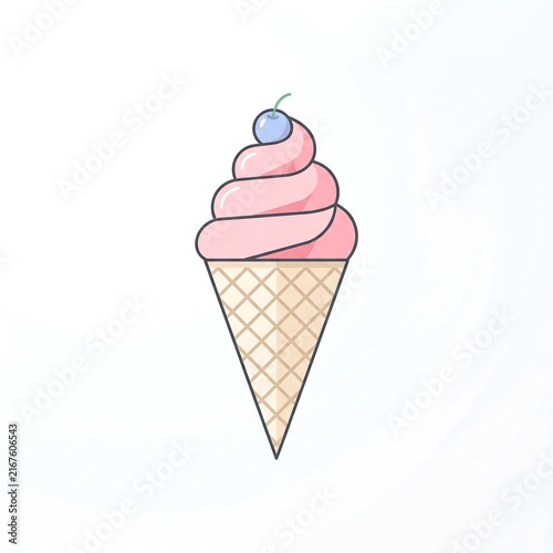 Cute cartoon pink swirl soft serve ice cream on a light brown waffle cone, topped with a blue fruit and green stem. Isolated on a white background.