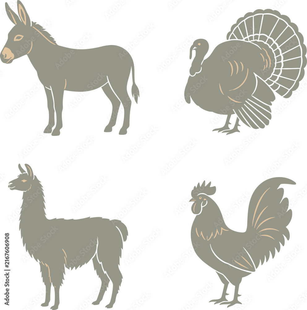 Naklejka premium Farm Animal Silhouette Set With Donkey And Rooster