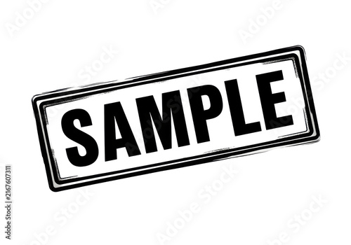 Black rectangular stamp with word sample and distressed frame for product demonstration purposes.