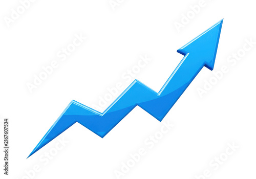 Blue arrow graphic charting upward trend showing business growth and progress with sharp angles on transparent background.