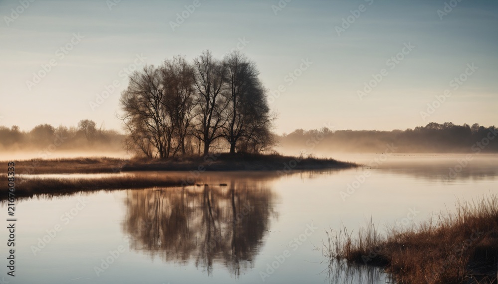 Obraz premium Small Forest Island on a Misty Lake at Sunrise
