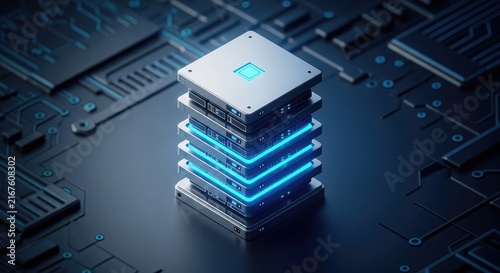 Close up of a computer processor with glowing blue circuit lines