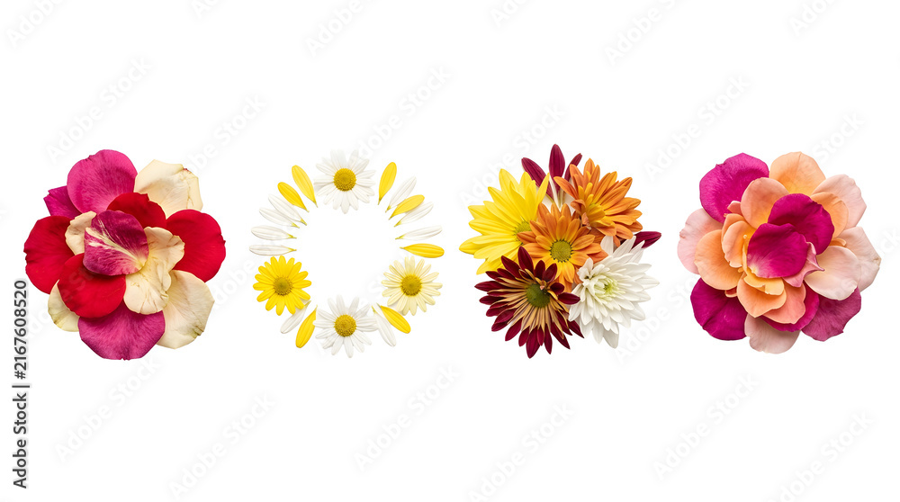Obraz premium Floral bouquets and petals arranged in circular shapes.