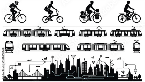 City Public Transport and Bicycle Commuters Silhouette Icons Set