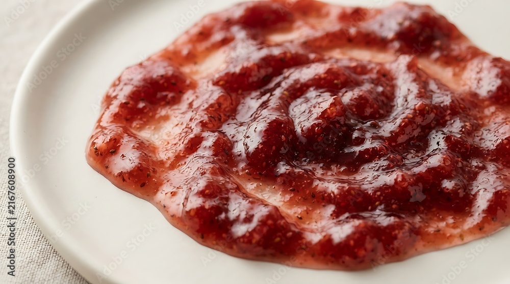 Obraz premium Strawberry jam with seeds on white ceramic plate ready for breakfast.