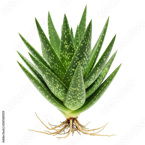 Green aloe vera plant with thick succulent leaves and exposed roots symbolizing health and natural skincare and herbal remedies.