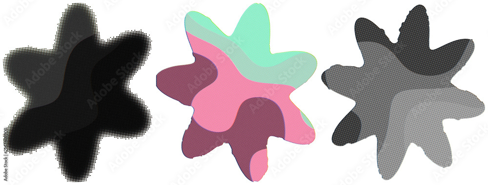 Fototapeta premium A set of retro risograph-style halftone flowers in bold layered colors and monochrome tones.