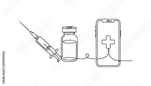 Continuous line art syringe vial and smartphone vector illustration minimalist telemedicine health icon