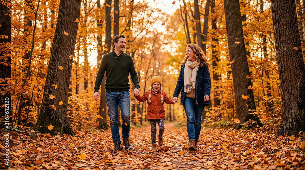 Fototapeta premium Joyful Family with Small Daughter Walking Through Golden Autumn Forest Holding Hands and Laughing with Falling Leaves