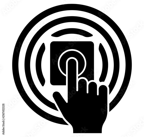 Принти на полотні Finger pressing button icon surrounded by expanding concentric circles with touc
