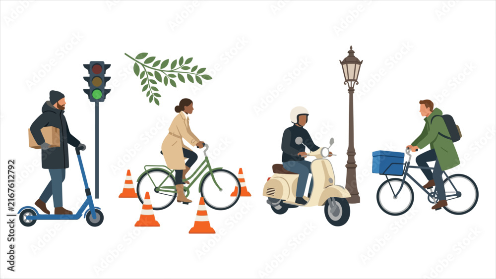 Naklejka premium People Commuting in the City Using Eco Transportation Illustration Set.