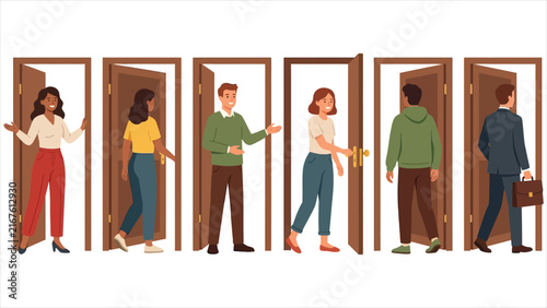 People Opening Doors Concept Set Diverse Cartoon Characters Entering Leaving and Welcoming Guests Flat Vector Illustration Bundle