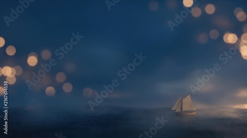 Tiny Sailboat on Dark Blue Sea With Warm Defocused Lights