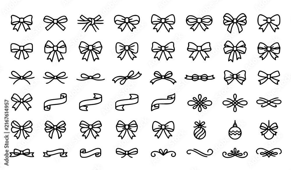 Obraz premium Minimal Ribbon Bow Outline Icons Black Vector Collection