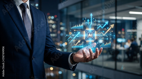 Businessman holding futuristic artificial intelligence digital hologram in office